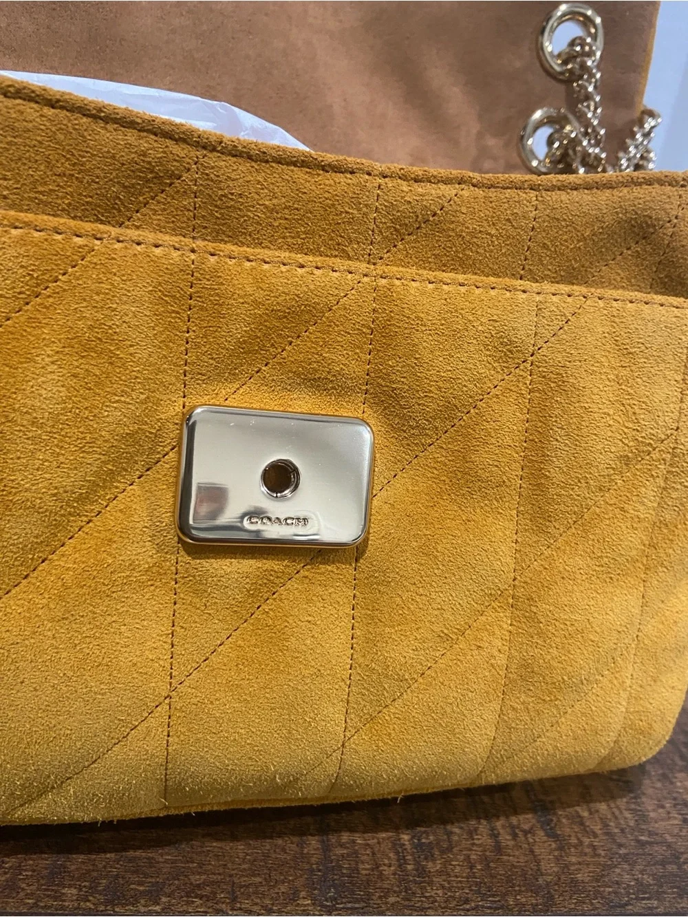 Coach Quilted Elodie Chain Shoulder Crossbody Bag- Marigold Suede